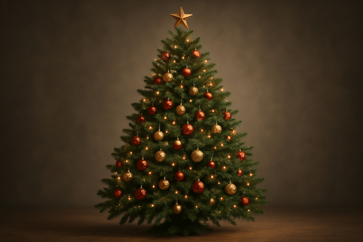 Árvore de Natal decorada com bolas vermelhas e douradas e estrela dourada no topo