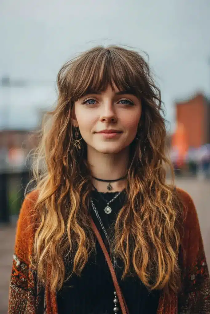 Corte Melena Boho com camadas leves e ondas naturais em comprimento médio.