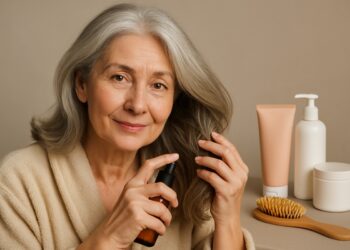 Mulher madura cuidando dos cabelos grisalhos com produtos de beleza ao fundo