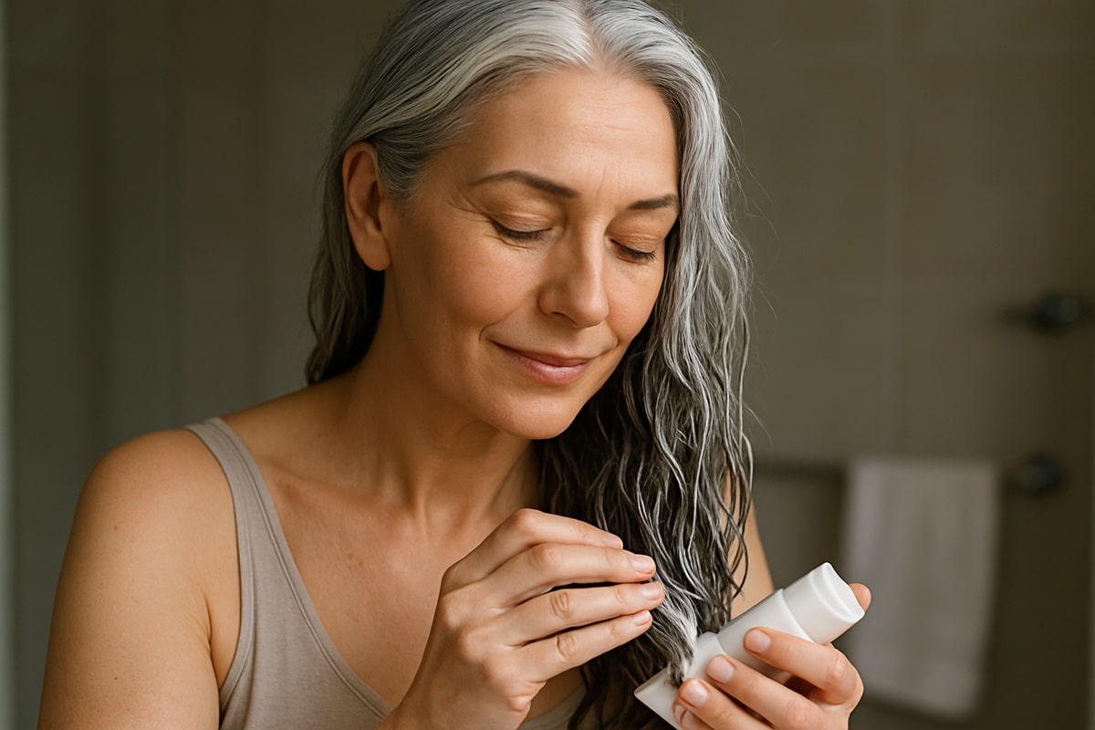 Mulher madura com cabelos grisalhos passando creme nos cabelos