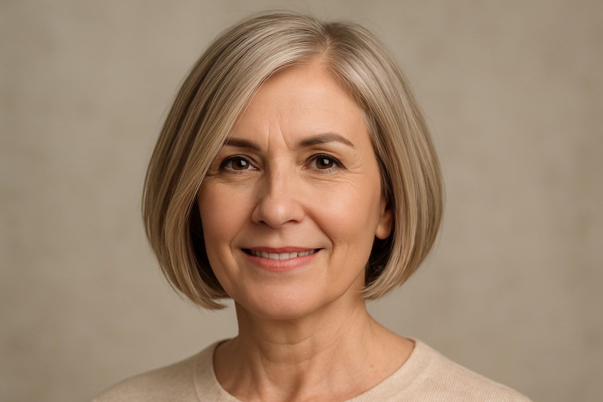 Mulher sorrindo com cabelos grisalhos curtos