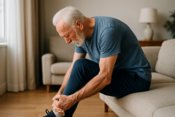 Idoso com dor no joelho sentado no sofá