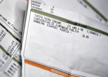 Detalhe de conta de energia mostrando tarifa de consumo, contribuição de iluminação pública e bandeira de escassez hídrica