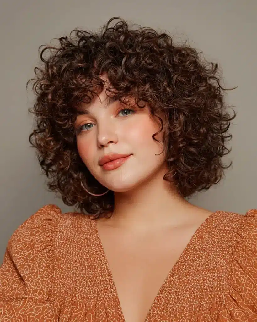 Mulher com cabelo cacheado volumoso e definido.