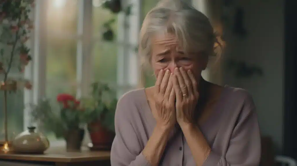 Mulher idosa cobrindo o rosto com as mãos, demonstrando sofrimento emocional e exaustão por negligenciar o próprio bem-estar.