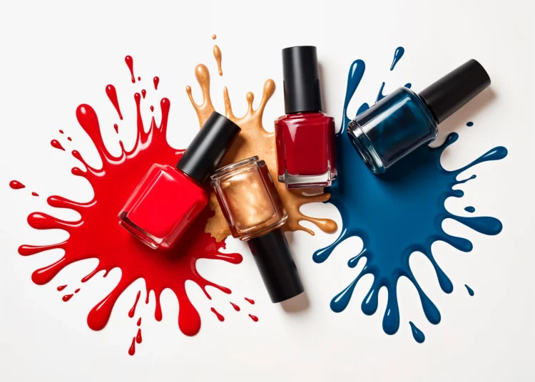 Frascos de esmaltes coloridos com respingos vibrantes em vermelho, azul e dourado.