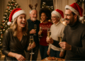 Pessoas comemorando Natal com taças e chapéus de Papai Noel.
