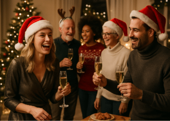 Pessoas comemorando Natal com taças e chapéus de Papai Noel.