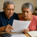 Casal de idosos lendo documentos com expressão preocupada