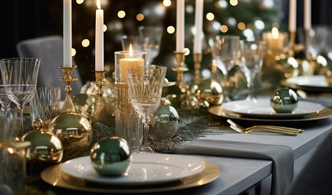 Mesa de jantar sofisticada com castiçais dourados, velas acesas, taças de cristal e enfeites natalinos metálicos