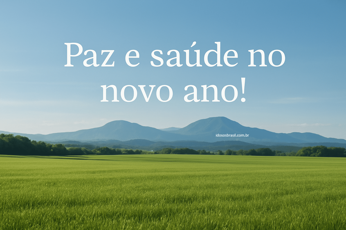 Mensagem de ano novo com paisagem de campo e montanhas ao fundo