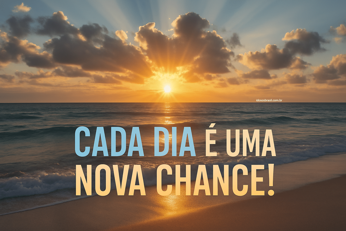 Nascer do sol na praia com a frase 'Cada dia é uma nova chance!'