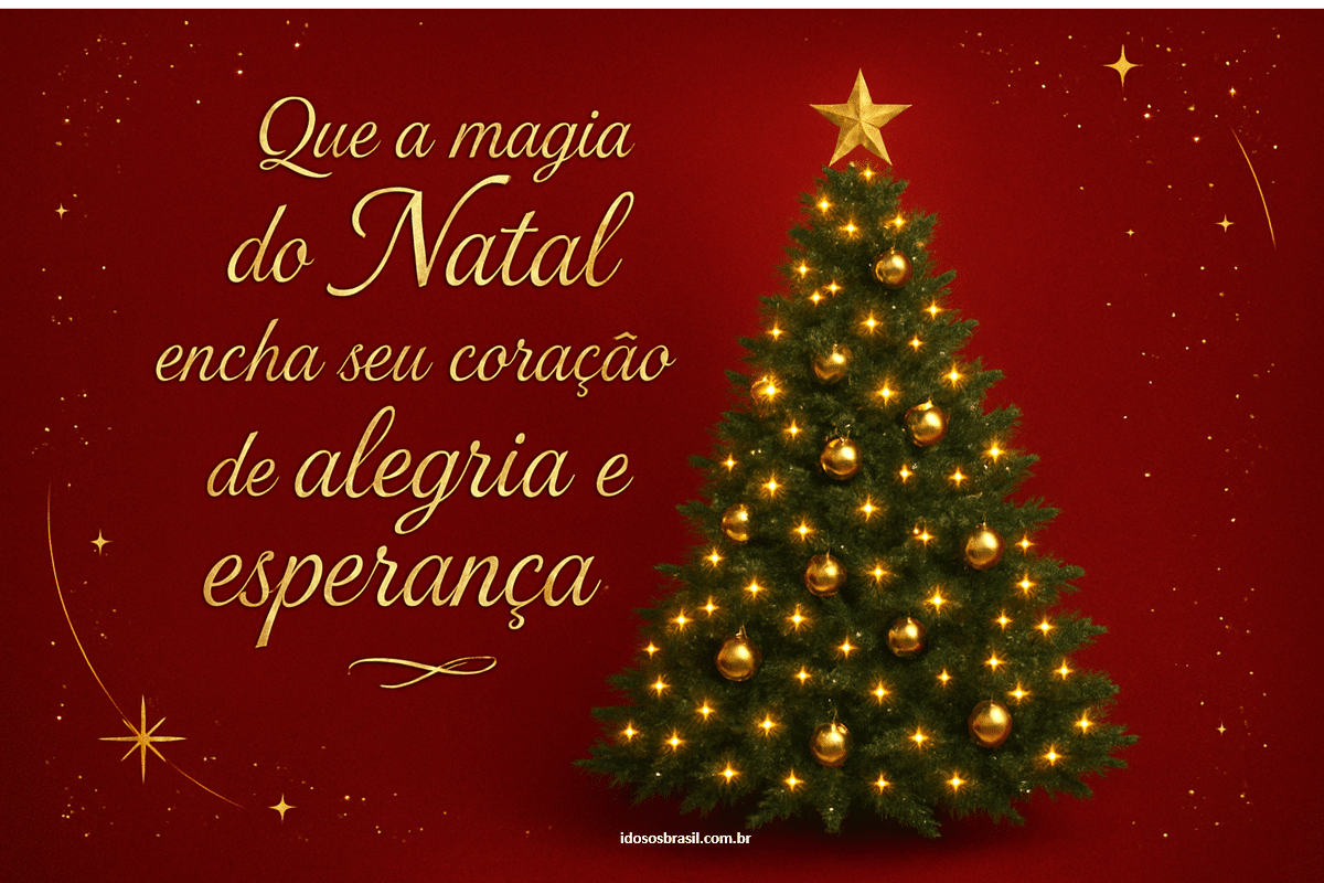 Árvore de Natal decorada ao lado de uma mensagem natalina em português