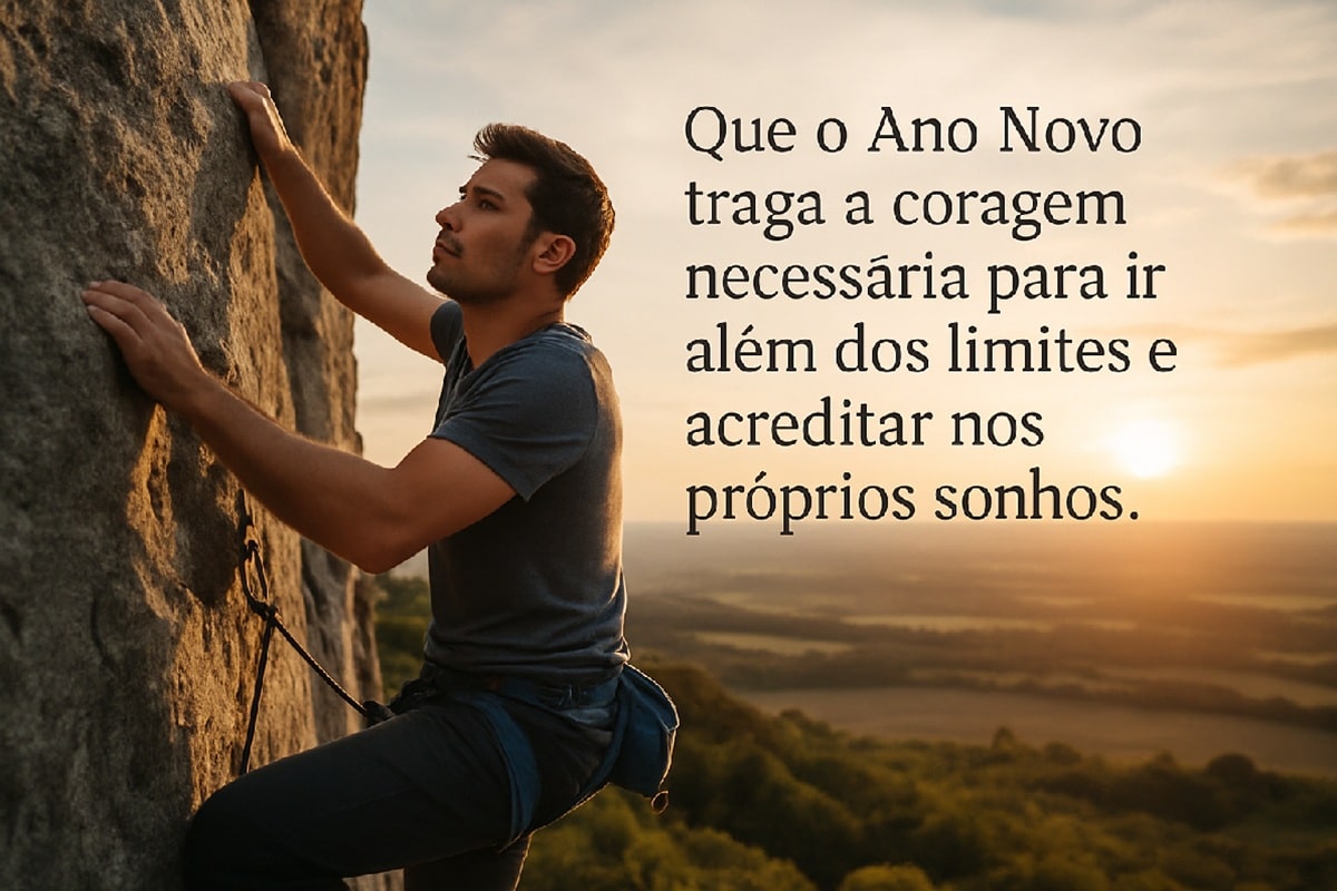 Homem escalando uma rocha ao pôr do sol com mensagem de Ano Novo