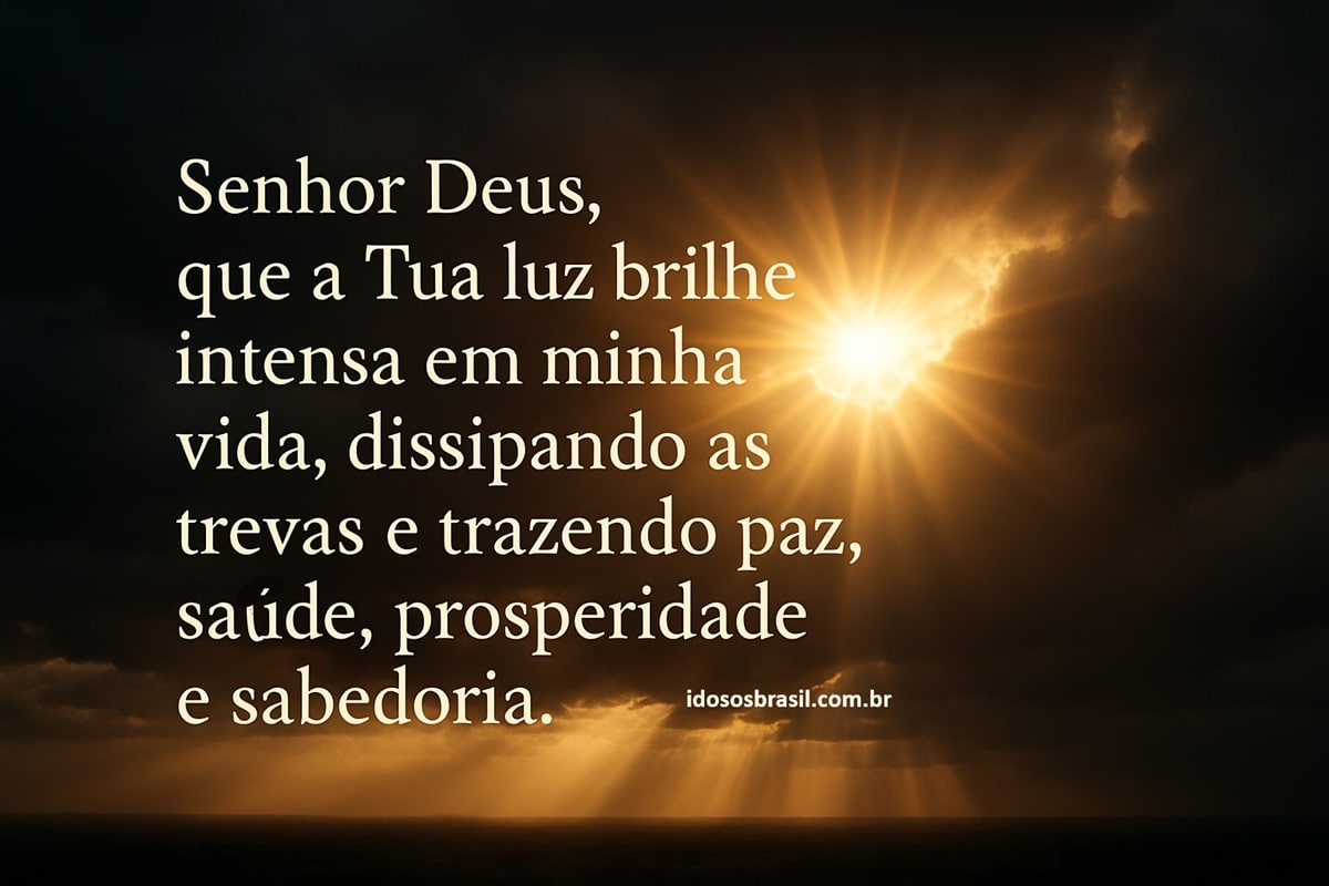 Sol brilhando entre nuvens escuras com mensagem religiosa pedindo luz, paz e sabedoria