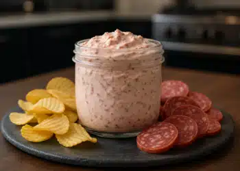 Patê de salame servido com batatas chips e fatias de salame, perfeito para o Ano Novo.