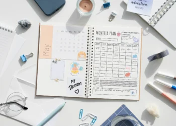 Planner mensal de 2026 com detalhes de organização e planejamento, incluindo metas e anotações motivacionais.