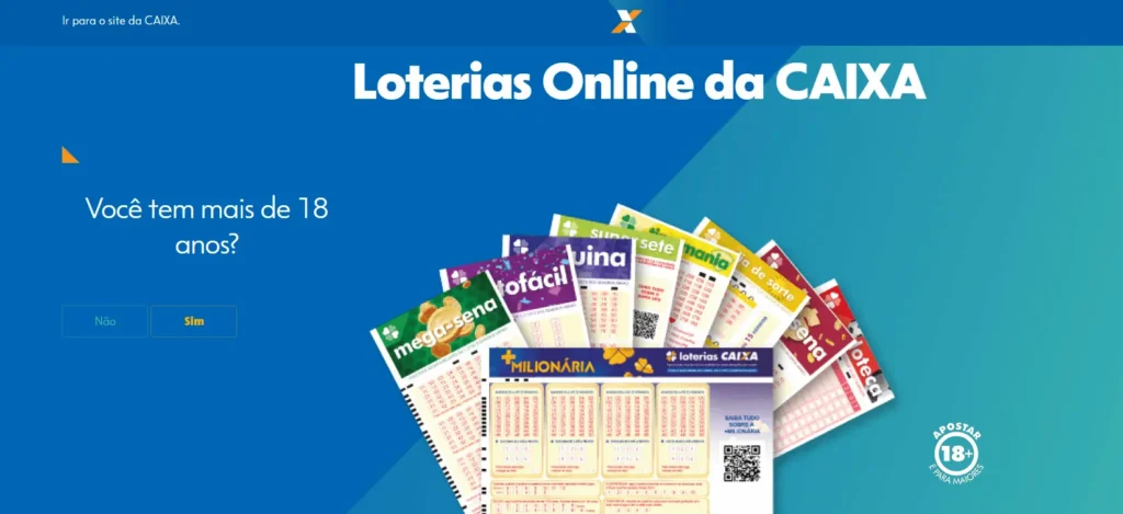 Tela do portal oficial das Loterias CAIXA com alerta sobre apostas apenas nos canais oficiais, mostrando bilhetes de diferentes loterias.