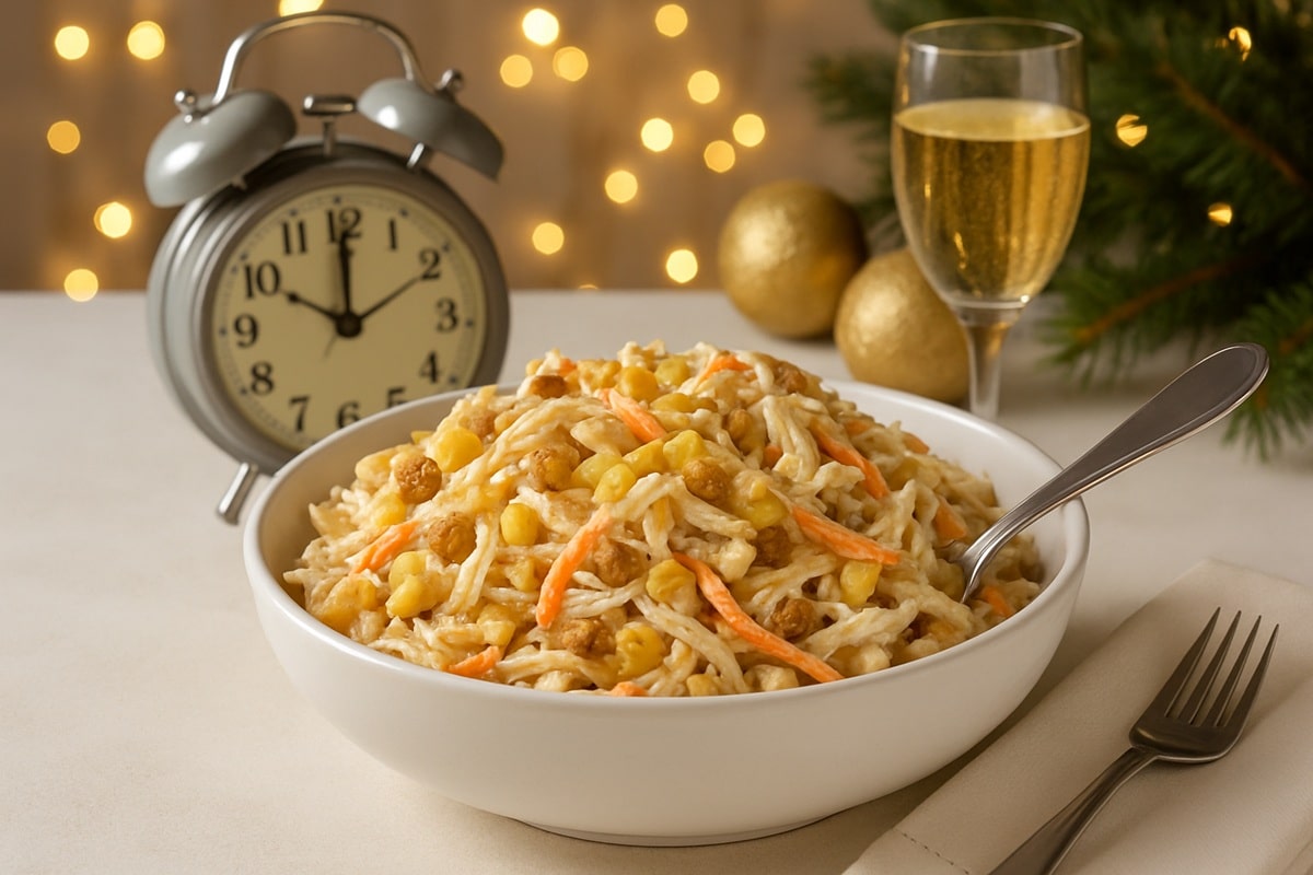 Salada de maionese em tigela branca sobre mesa de festa