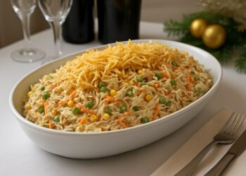 Salpicão de frango com batata palha servido em travessa branca