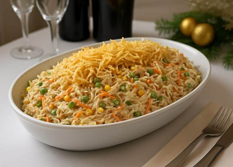 Salpicão de frango com batata palha servido em travessa branca