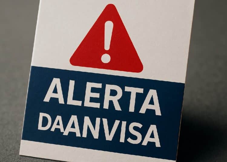 Cartaz com símbolo de alerta e texto 'Alerta da ANVISA'