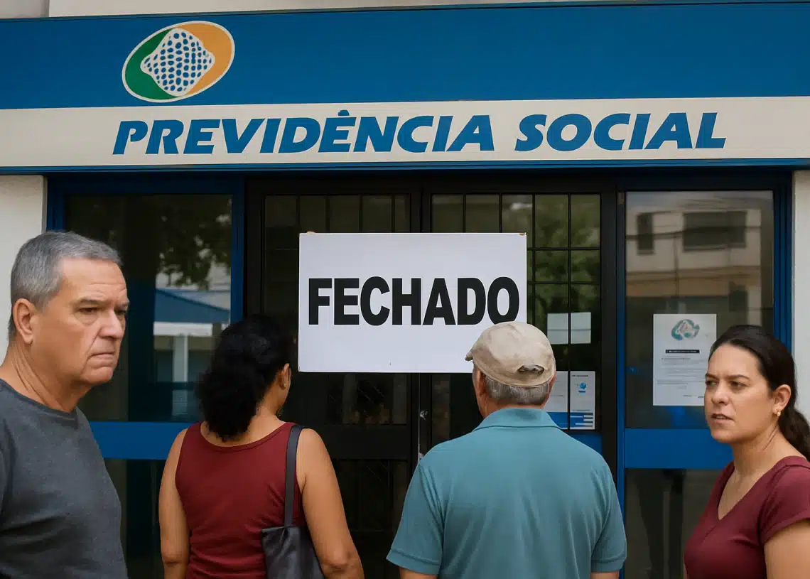 Previdência Social fechada e cidadãos aguardando atendimento