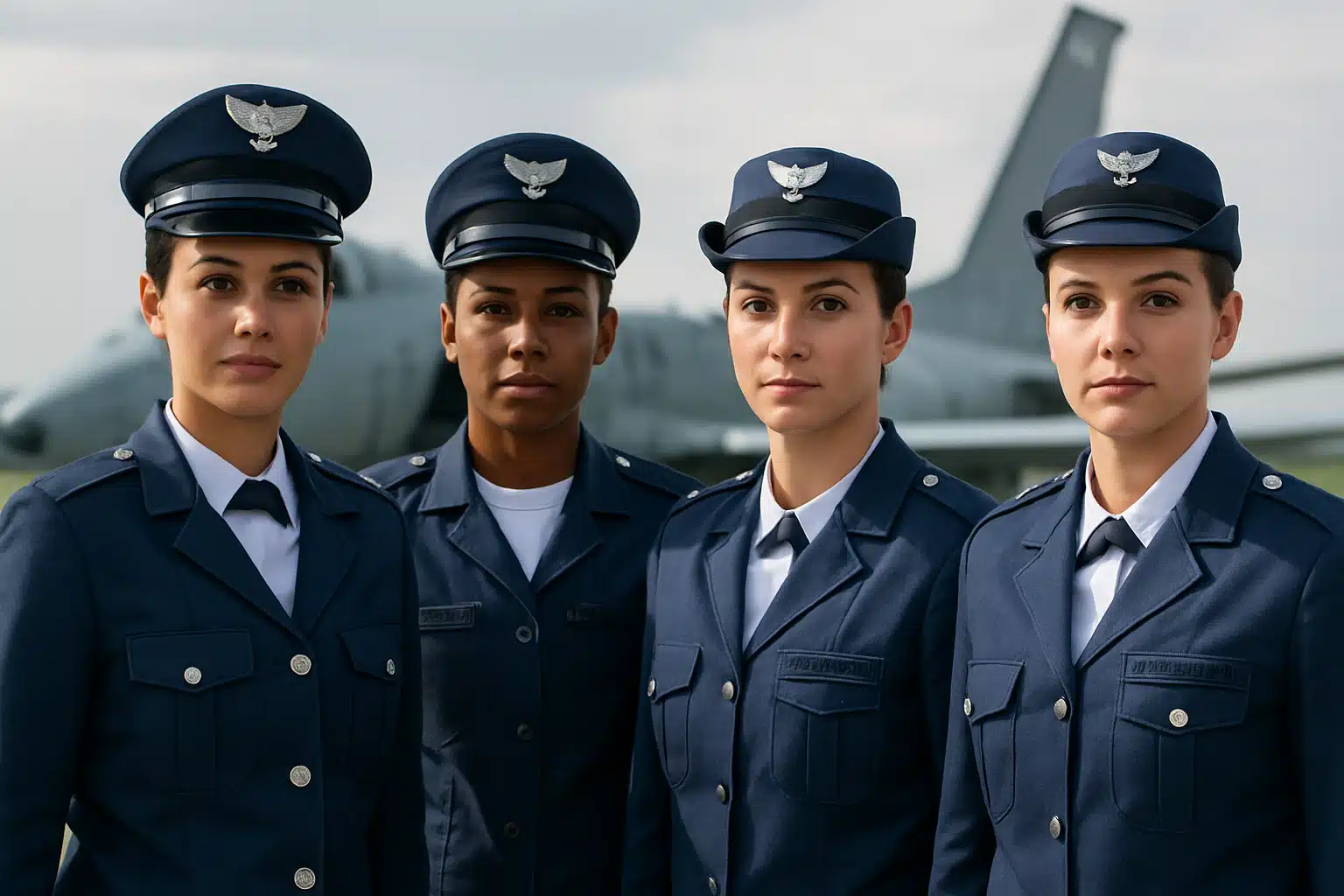 Quatro mulheres em uniformes da força aérea posando em frente a um avião militar.