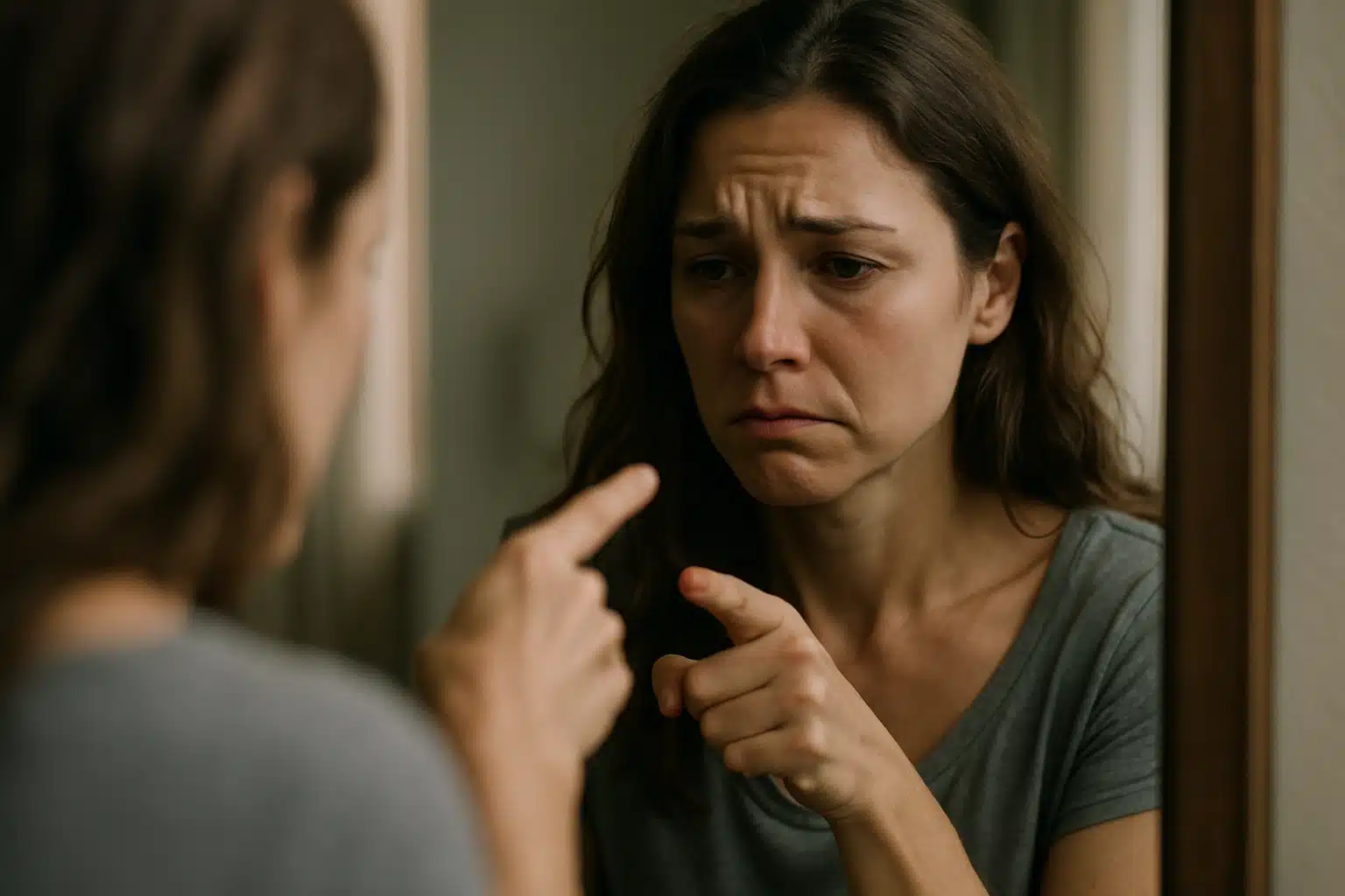 Mulher refletindo sobre autoestima diante do espelho.