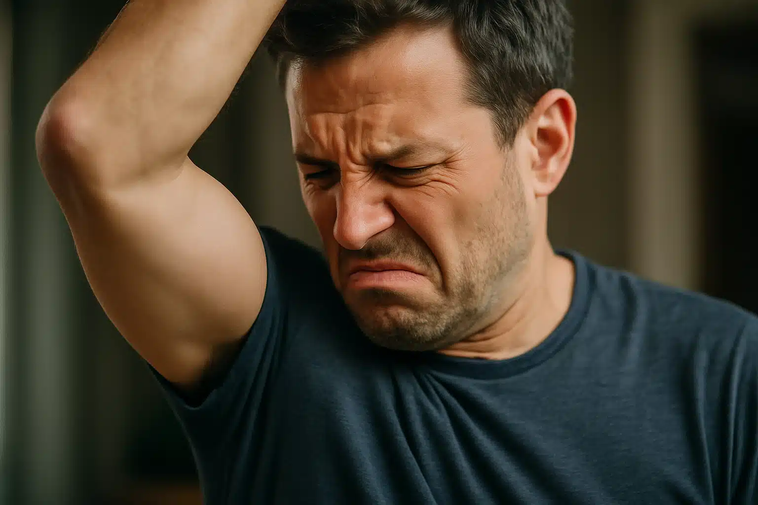 Homem cheirando axila, refletindo se é necessário tomar banho todos os dias