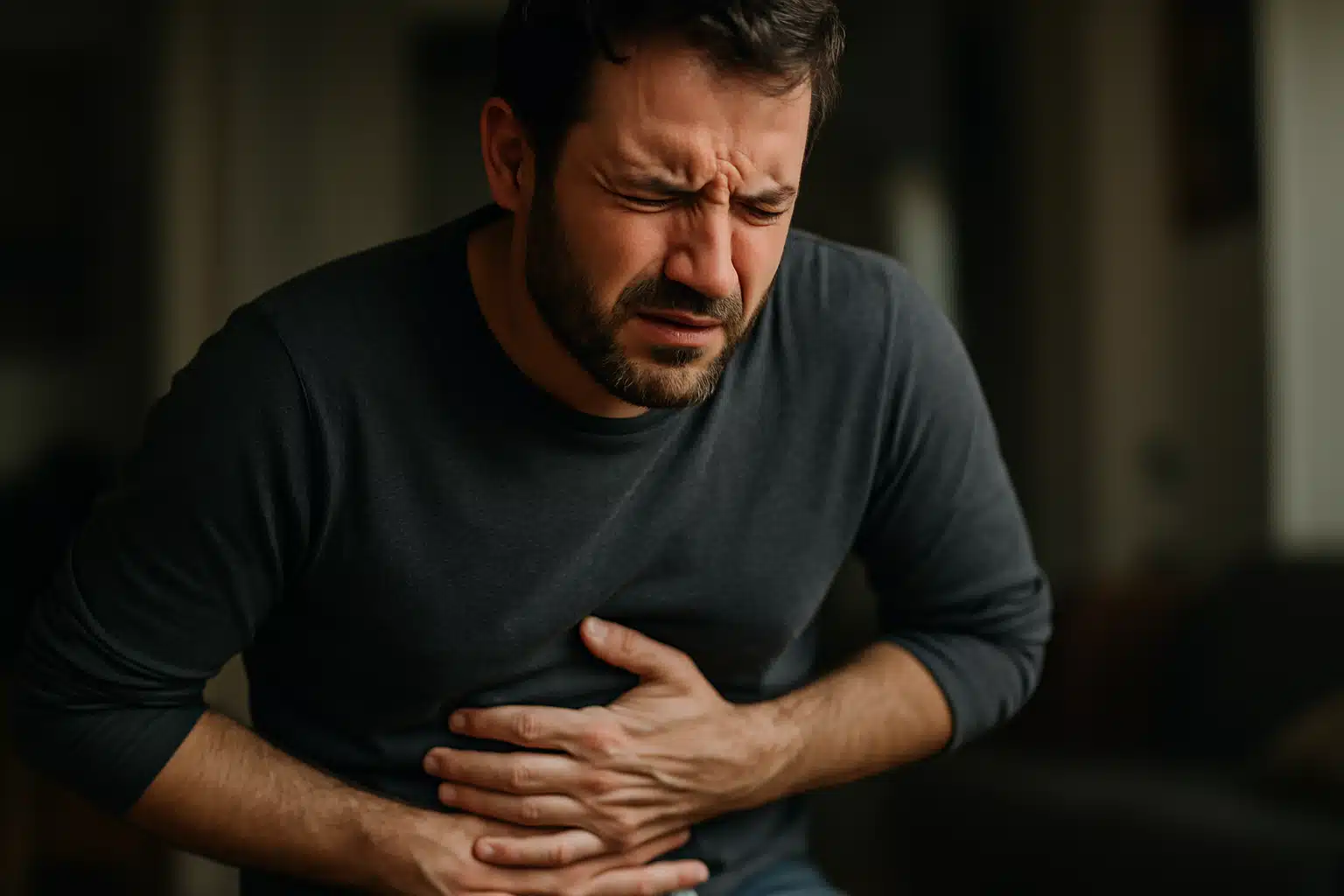 Pessoa passando mal por ter sido contaminada tomando água da academia, com expressão de dor abdominal.