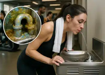 Mulher bebendo água em bebedouro de academia com destaque para cano enferrujado.