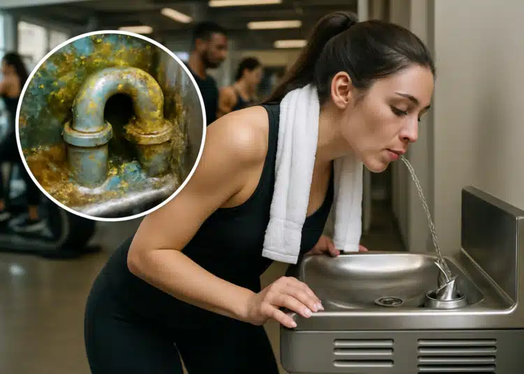 Mulher bebendo água em bebedouro de academia com destaque para cano enferrujado.
