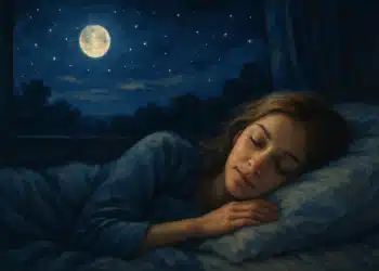 Mulher dormindo tranquilamente à noite com lua cheia ao fundo