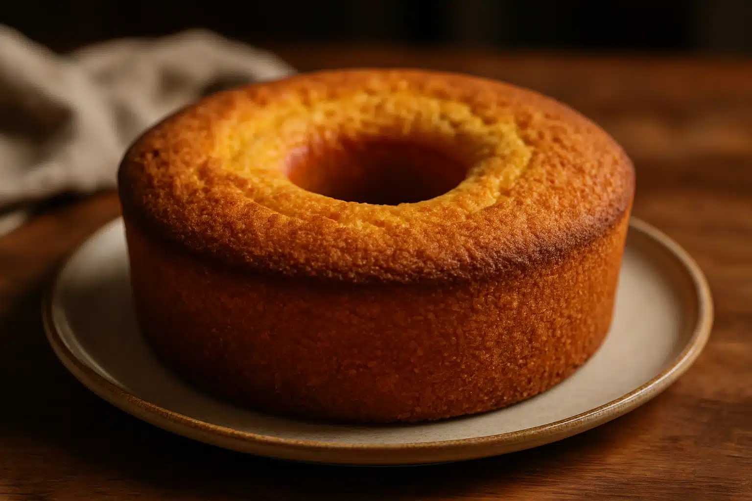 Bolo de fubá. Receita do bolo de fubá no liquidificador, bolo dourado e macio em prato rústico.
