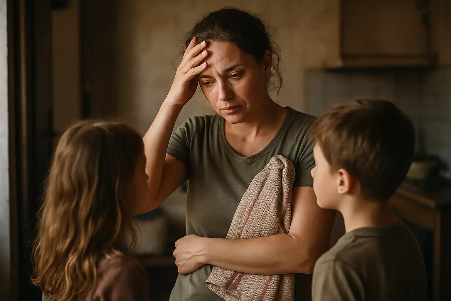 Mãe preocupada conversa com filhos pequenos após Bolsa família bloqueado.