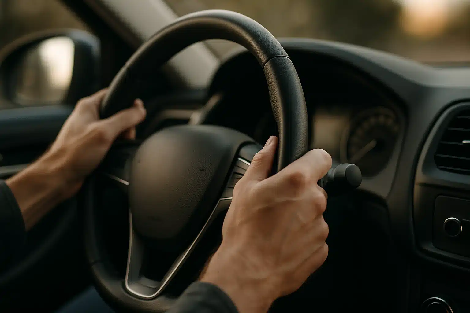 Pessoa segurando o volante de um carro