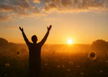 Pessoa de braços erguidos em um campo ao nascer do sol.