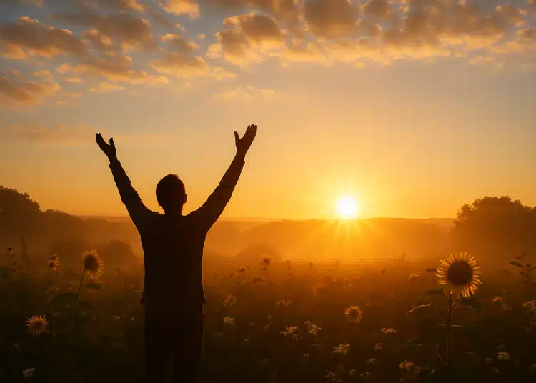 Pessoa de braços erguidos em um campo ao nascer do sol.
