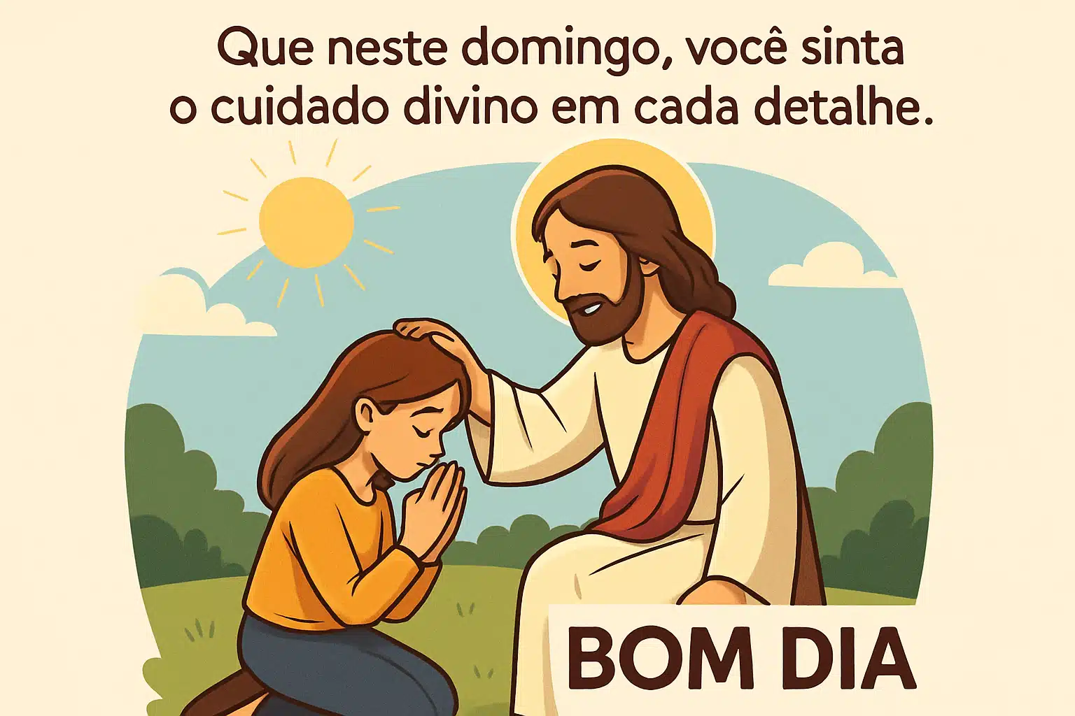 Ilustração de Jesus abençoando uma mulher ajoelhada, com frase de bom dia.