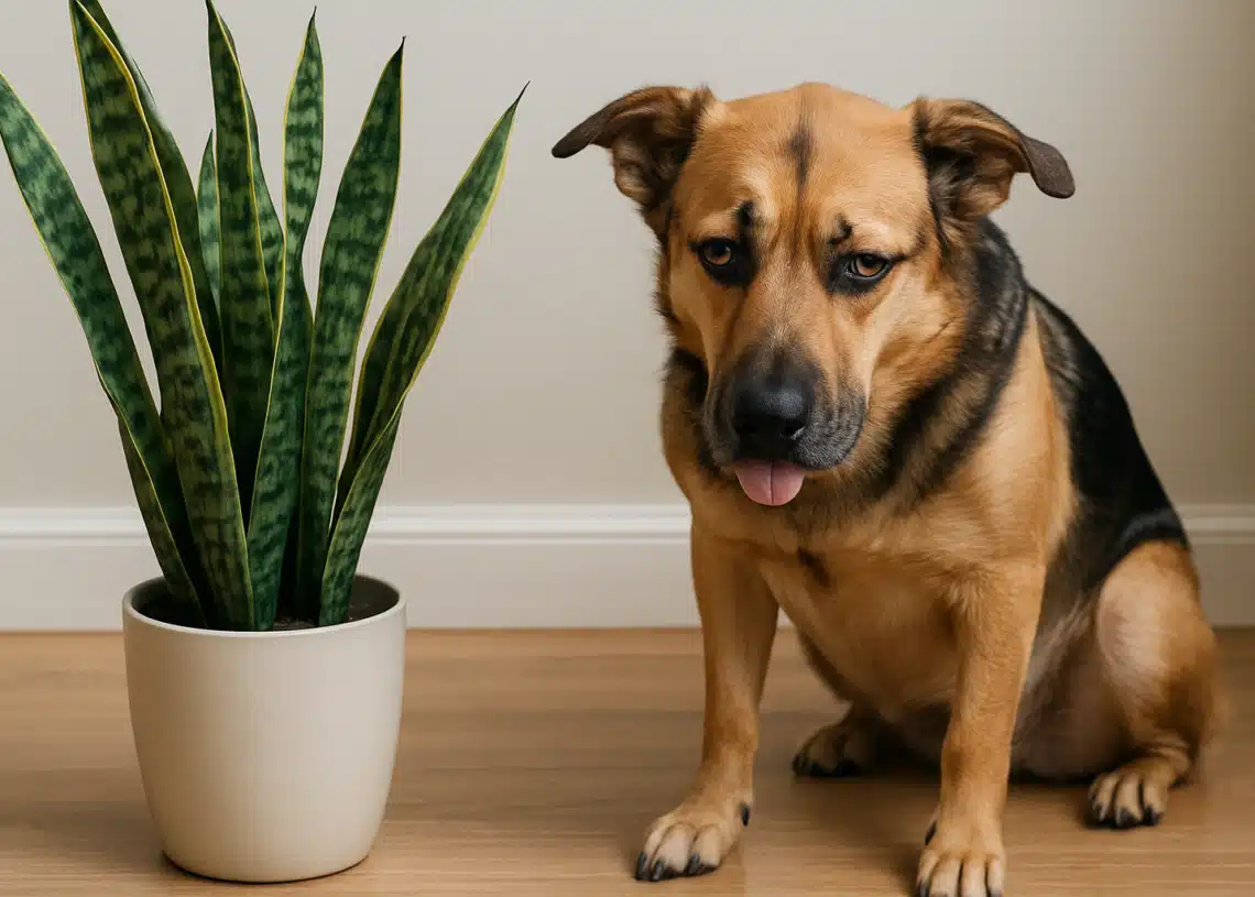 Cão sentado ao lado de uma planta espada-de-São-Jorge em vaso branco