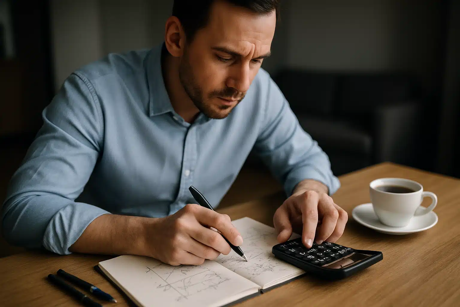 Homem trabalha com cálculos em caderno ao lado de uma xícara de café.