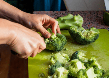 Close-up de ramos de brócolis frescos e verdes dispostos sobre uma tábua de madeira, destacando sua textura e cor vibrante como símbolo de alimentação saudável.