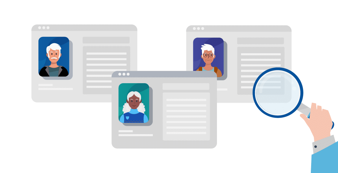 Ilustração de mão com lupa analisando perfis digitais com fotos de pessoas.