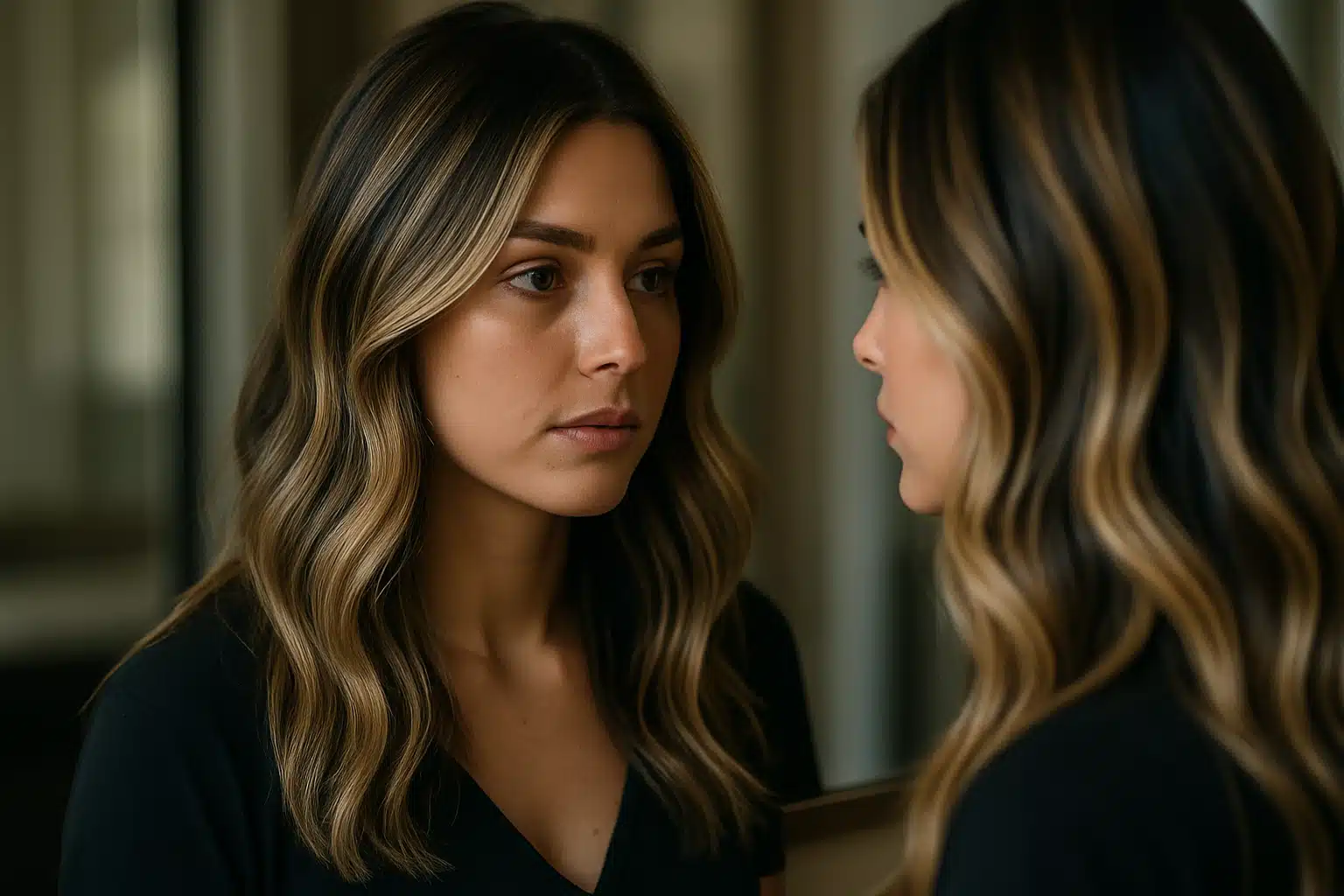 Mulher olhando para seu reflexo no espelho.