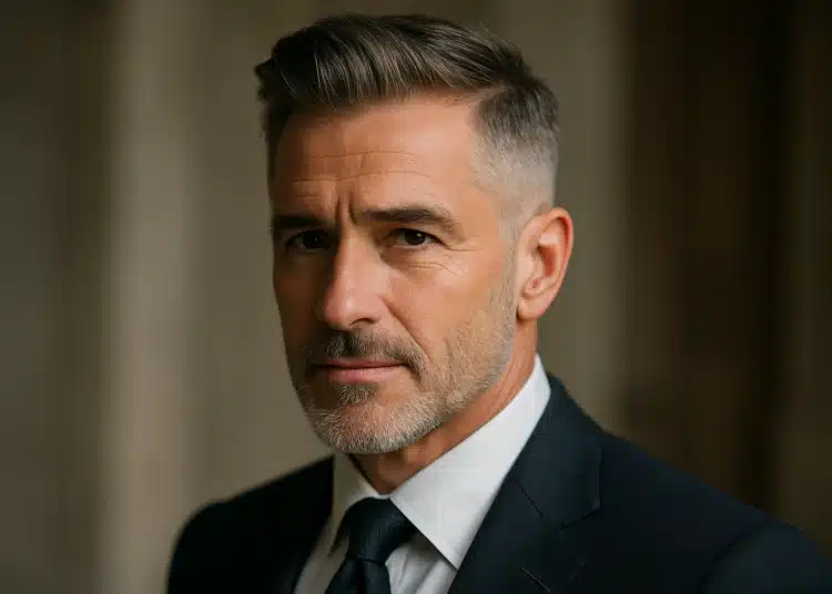 Homem de terno com expressão confiante e corte de cabelo Taper Fade