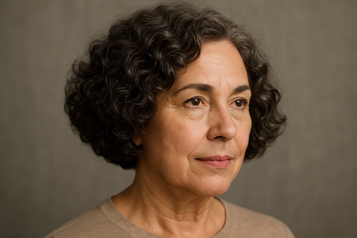 Mulher madura de cabelos curtos e grisalhos olhando para o lado