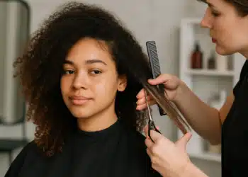Cabeleireira cortando o cabelo de uma jovem com cabelo cacheado