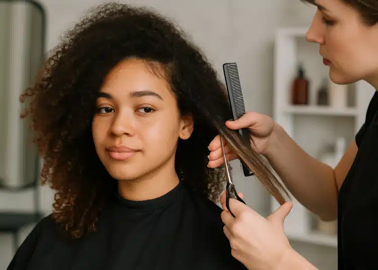 Cabeleireira cortando o cabelo de uma jovem com cabelo cacheado