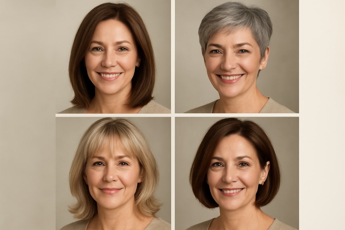 Quatro mulheres maduras sorrindo em retratos, cada uma com um estilo diferente de cabelo